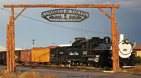 Entrance to Antonito Rail Yard with freight train on display. Ted Blishak, Oct 5, 2017