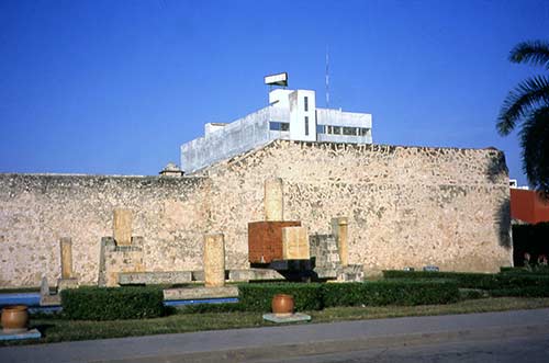 Mayan Steles in front of Campeche's walls